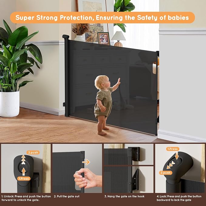 Retractable Baby Gate for Stairs, Automatic Tension, One-Hand Operation - Image 4