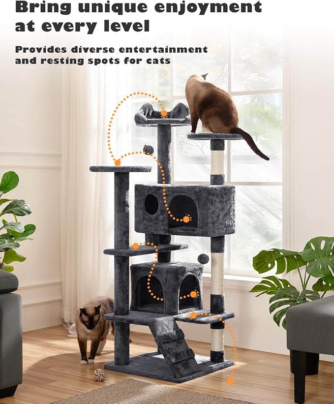 Yaheetech 54in Cat Tree, 2 Cozy Caves, Scratching Posts, Climbing Ladder - Image 7