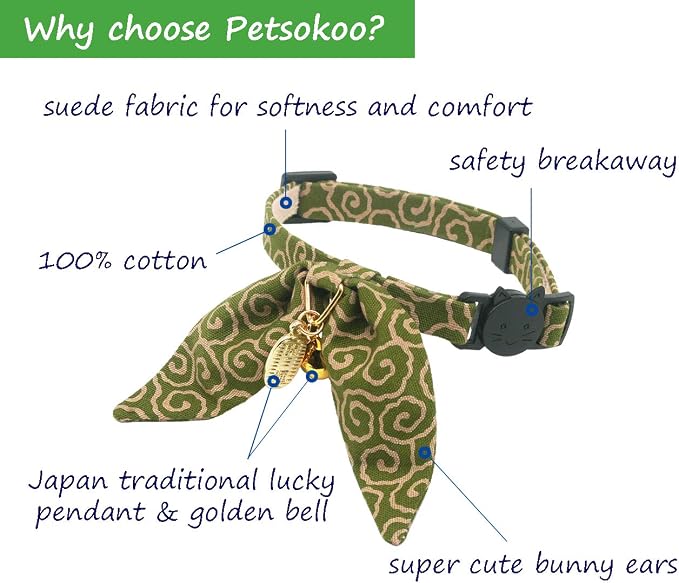 PetSoKoo Bunny Ears Cat Collar, Japan Lucky ‘開三運’ Charm. Safety Breakaway - Image 2