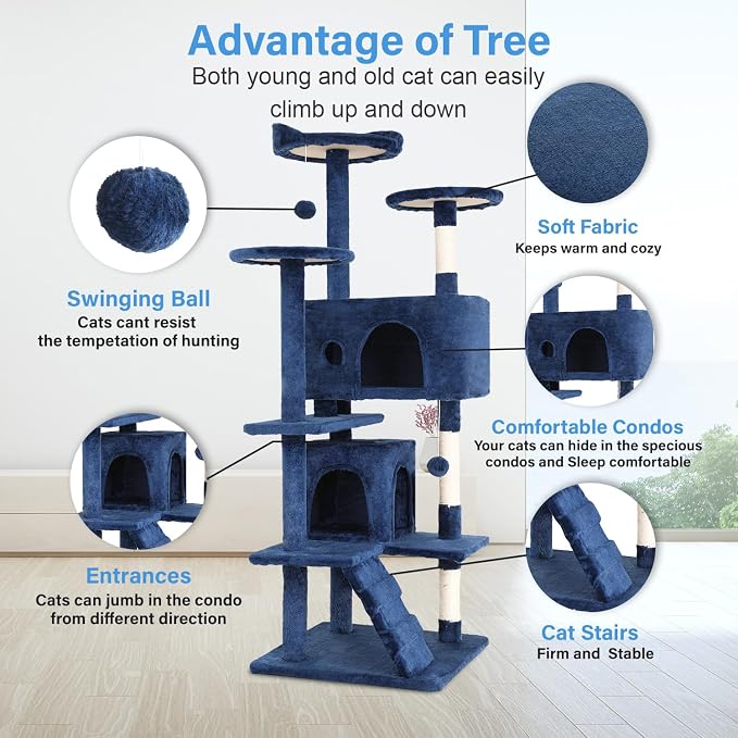 FDW | 54" Cat Tree Tower | Navy Blue | Multi-Level Indoor Activity Center - Image 3