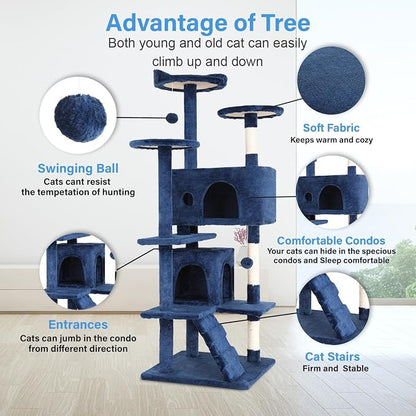 FDW | 54" Cat Tree Tower | Navy Blue | Multi-Level Indoor Activity Center - Image 3