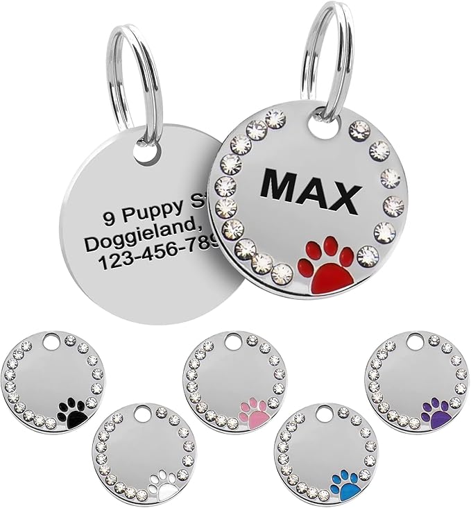Paw Shape Dog ID Tag Stainless Steel Custom Laser Engraved, Cute Bling Glitter by Pawnimals