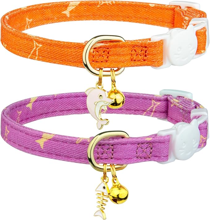 2 Pack Cotton Breakaway Cat Collar Orange and Purple Fish Pendant Cute Kitten by Fyeqyaou