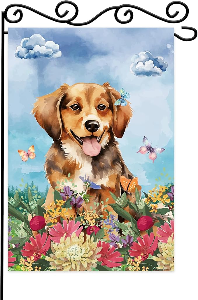 Dog Welcome Garden Flag Welcome Happy Butterfly Dog Animals Outdoor Garden by WPCTYQ
