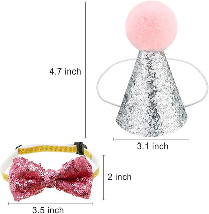 SATINIOR 4 Pieces Cat Birthday Hat Bowtie Small Dog Hat Headband Topper Bowtie - Image 2