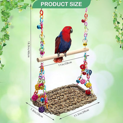 Bird Swing Mat with Wood Perch, AHIER Seagrass Bird Hammock - Image 2