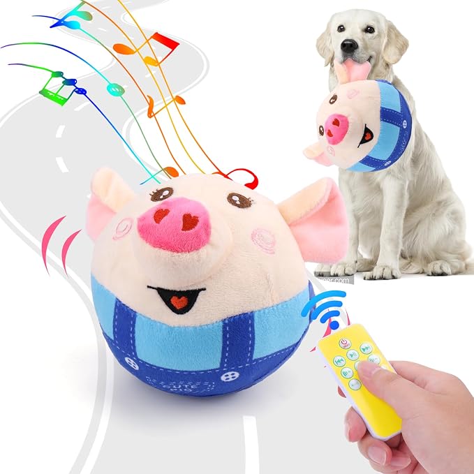 BABORUI Blue Pig Interactive Dog Toy, Remote Control Jumping Squeaky Toy by BABORUI