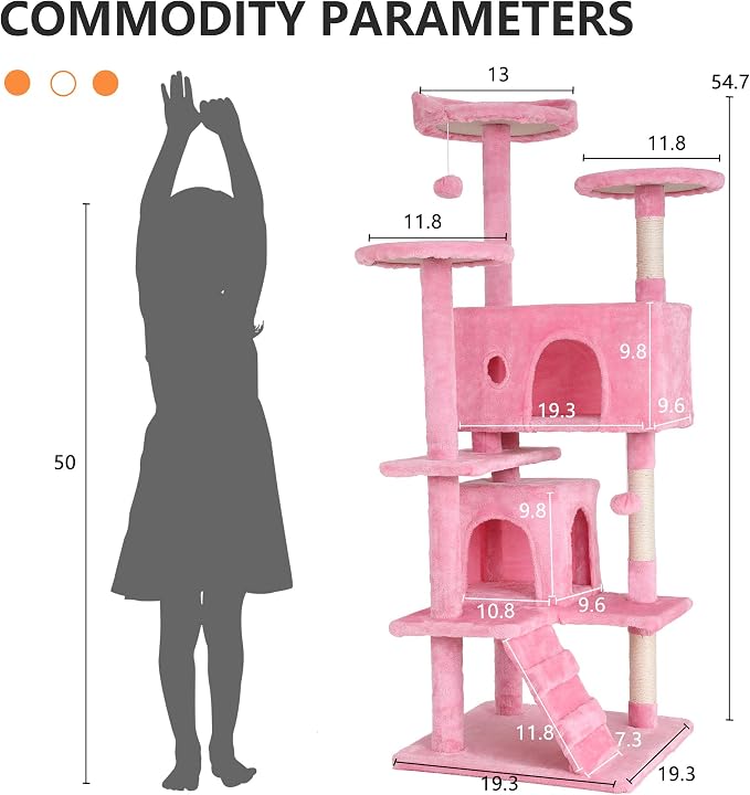 BestPet | 54" Cat Tree Tower | Pink | Sturdy, Hanging Cat Toys, Observation - Image 7