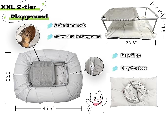 XxingSheep 2-Tier Cat Tunnel & Hammock Bed XXL, 4 Cave Shuttle - Image 6