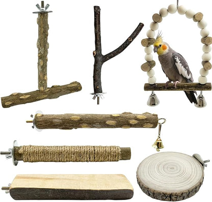 7Pcs Natural Wooden Bird Perch Set – Parrot Perch Toys, Wooden Perch Swing by Unknown