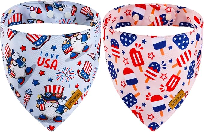 4th of July Dog Bandanas with Snap Button, 2 Pack American Flag Pet Scarf by THLOHDogBandanas