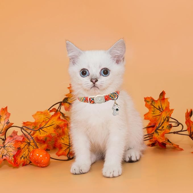 Cat Collar-2Pack Autumn Orange Plaid Kitten Collars-Halloween Plaid Breakaway - Image 5
