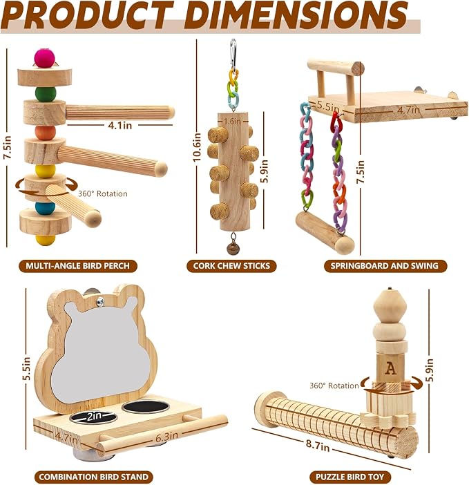 5PCS Bird Perch and Toy Set. Includes a Perch, and Chew Toy. Hangable Natural - Image 2