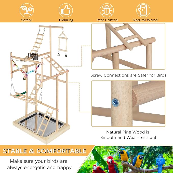 Pet Parrot Playstand Parrots Bird Playground Bird Play Stand Wood Perch Gym - Image 3