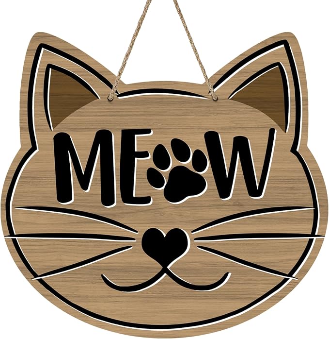 Cute Cat Meow Front Door Sign, Pet Farmhouse Wood Door Hanger Outdoor Outside by Bolisom