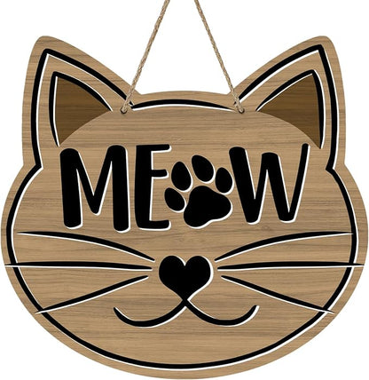 Cute Cat Meow Front Door Sign, Pet Farmhouse Wood Door Hanger Outdoor Outside by Bolisom