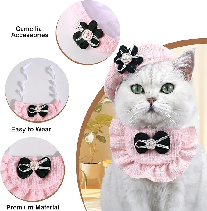 2PCS Cat Beret Hat with Camellia, Adjustable Bow Bandana Scarf Set Pet Princess - Image 4