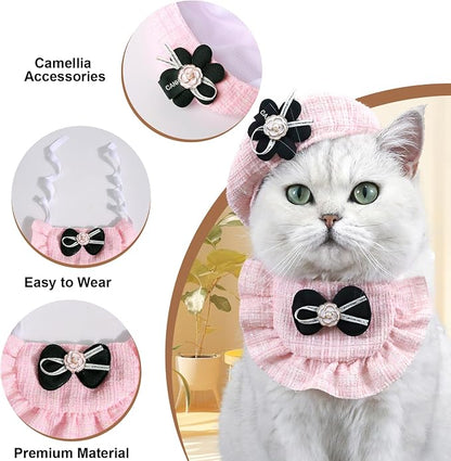 2PCS Cat Beret Hat with Camellia, Adjustable Bow Bandana Scarf Set Pet Princess - Image 4