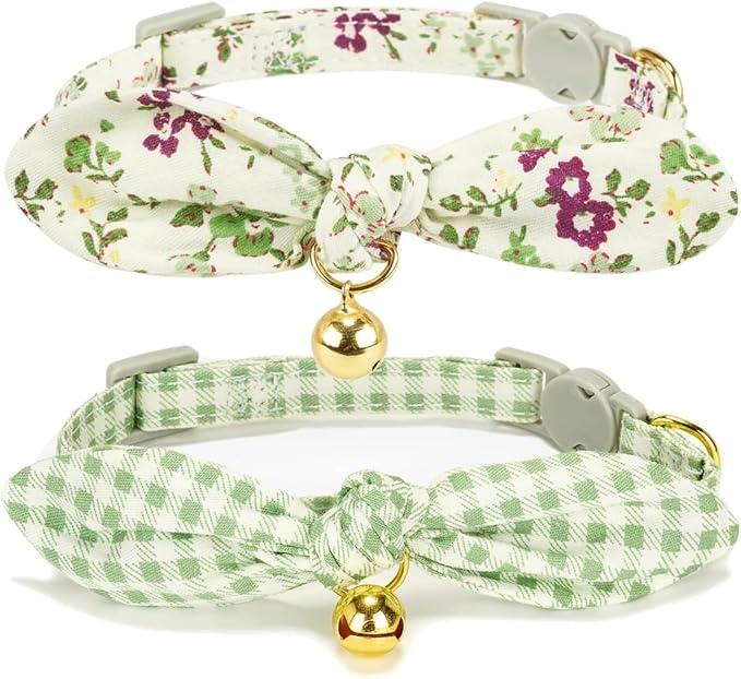2 Pack Cotton Cat Collar, Removable Bowtie, Floral Pattern, Safety Breakaway by Petiry