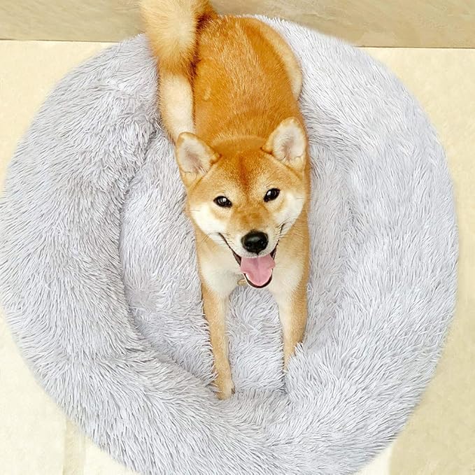 BODISEINT Faux Fur Dog Bed, Shag Round Anti-Anxiety Pet Calming Doughnut Cuddler - Image 3