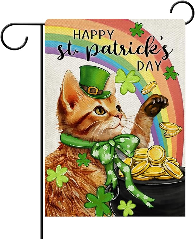 Dyrenson Happy St Patricks Day Orange Cat Decorative Garden Flag, Pet Rainbow by Dyrenson