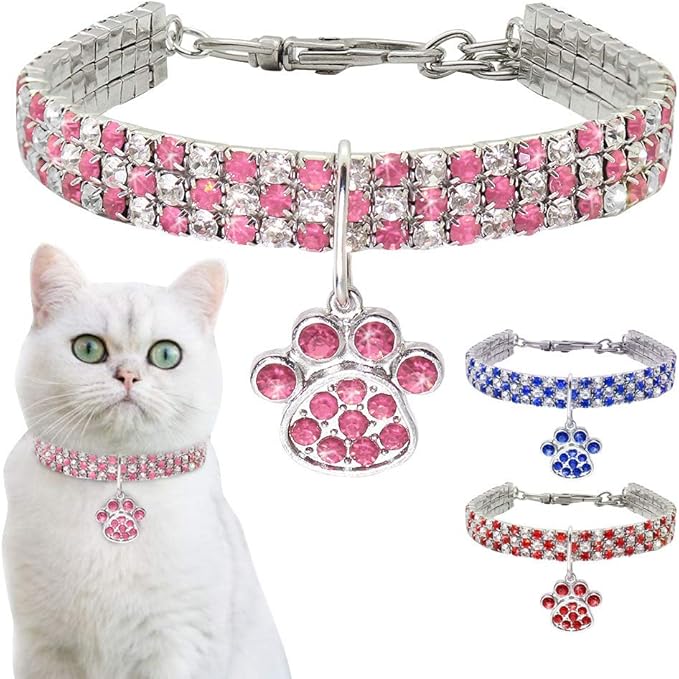 Pet Collar with Diamonds, Adjustable Crystal Diamond Elastic Heart Claw Pendant - Image 4