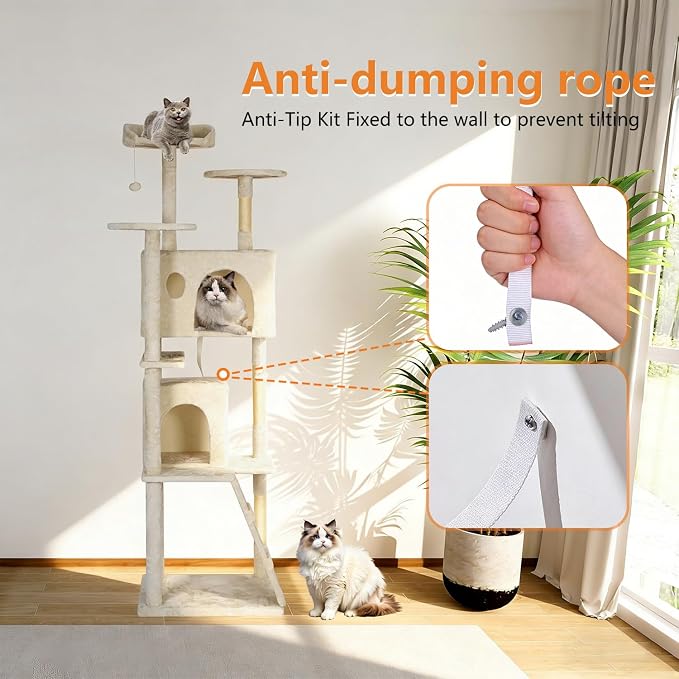 BestPet | 81" Cat Tree Tower | Cream | Sturdy, Hanging Cat Toys, Observation - Image 3