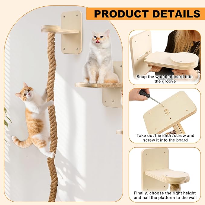 Cat Wall Shelves with 2 x 60 Inch Climbing Rope, Wall Mounted Cat Tree with - Image 4