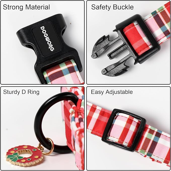 DOGWONG Christmas Dog Collar, Adjustable Red Checkered Pet Collars Christmas - Image 3