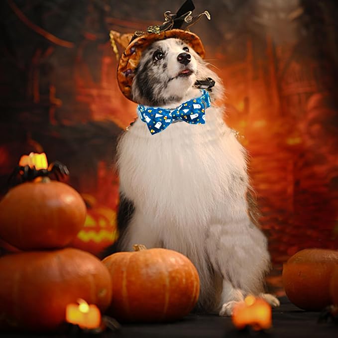Halloween Dog Collar, Ghost Print Adjustable Pet Collar Blue Cute Cotton Soft - Image 5