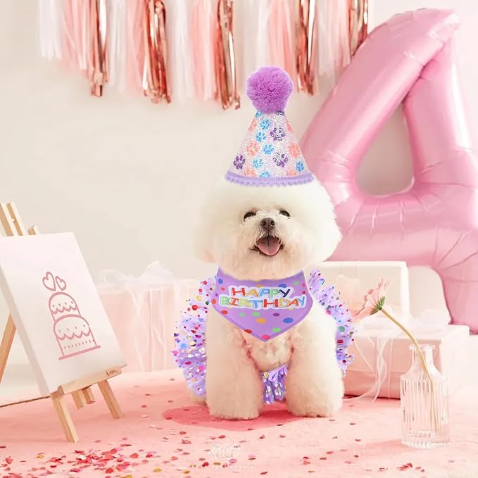 Dog Birthday Bandana with Hat and Dress Girl Set Puppy Birthday Party Supplies - Image 4