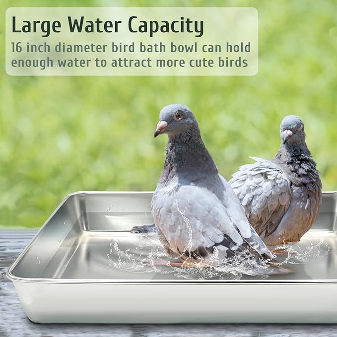 kathson Stainless Steel Bird Bath 16.14"×12.2"×2.36" Metal Bird Bath Tray Pet - Image 6
