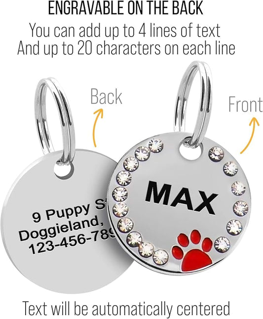 Paw Shape Dog ID Tag Stainless Steel Custom Laser Engraved, Cute Bling Glitter - Image 2