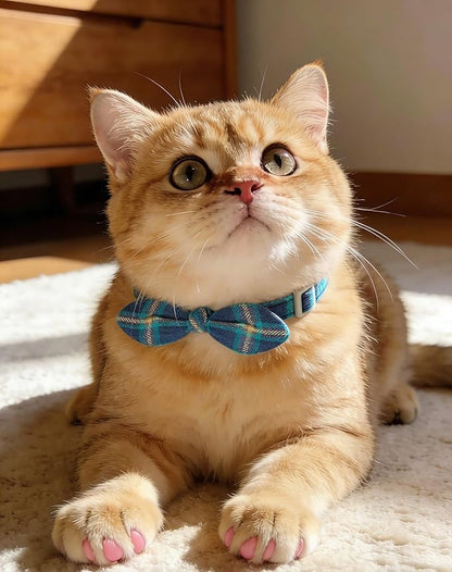 Cotton Bowtie Cat Collar with Bell 2 Pack Plaid Breakaway Kitten Collars with - Image 5