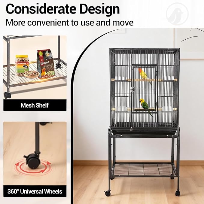 53 Inch Bird Cage with Wooden Perches, Standing Wrought Iron Birdcage with - Image 7
