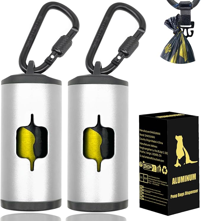 Metal Dog Poop Bag Holder 2-Pack w/Leash Clip|Durable Scratch-Resistant by SHAOUMAN