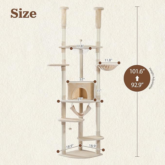 PETEPELA Floor to Ceiling Cat Tree, 92.9''-101.6''Height Adjustable Cat Tower - Image 2