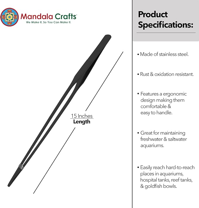 Mandala Crafts 15 Inches Black Stainless Steel Straight Aquarium Tweezers - Image 3