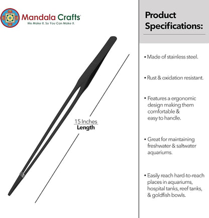 Mandala Crafts 15 Inches Black Stainless Steel Straight Aquarium Tweezers - Image 3