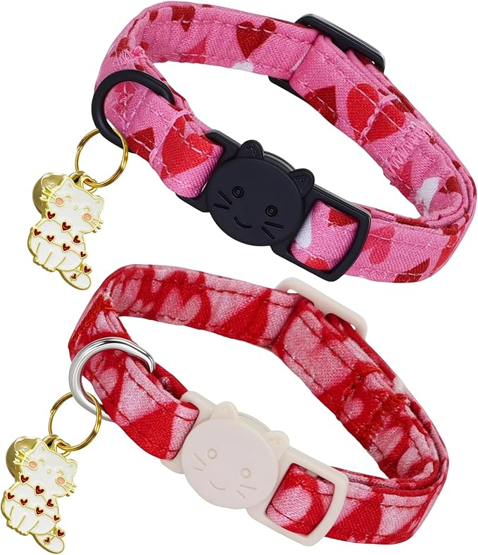Valentine Cat Collar-2 Pack Collars Red and Pink Love-Heart Print Breakaway by BoboRainbow