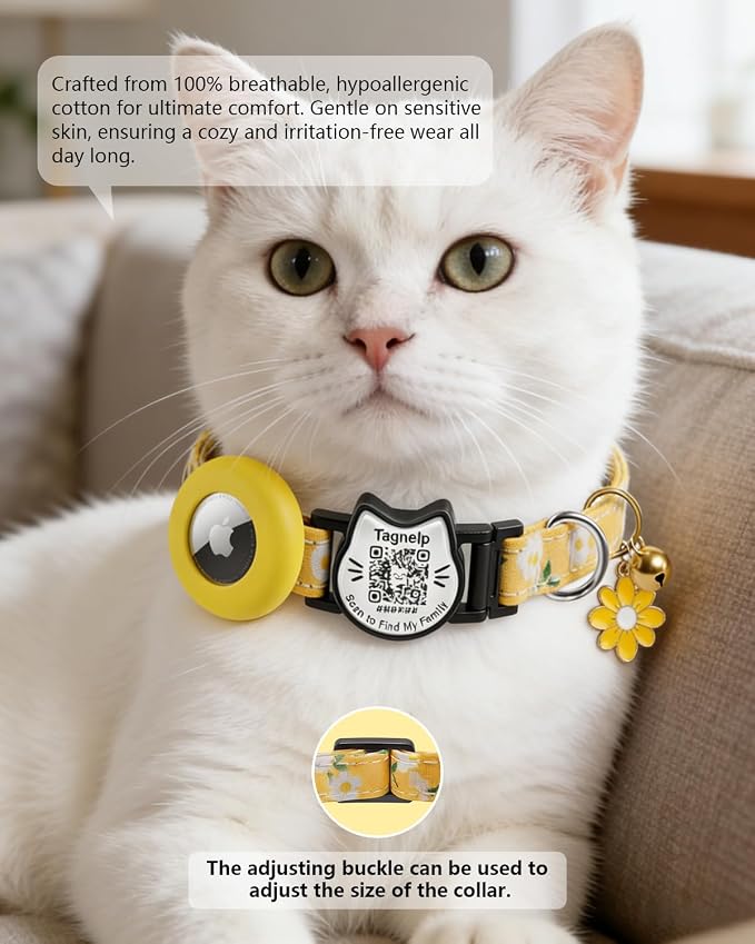 Breakaway Cat Collar with QR Code ID & AirTag Holder, Adjustable Cotton Kitten - Image 2