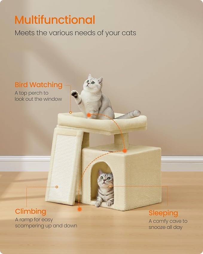 Feandrea Small Cat Tree, Cat Tower Condo, Scratching Ramp, Large Top Perch - Image 3