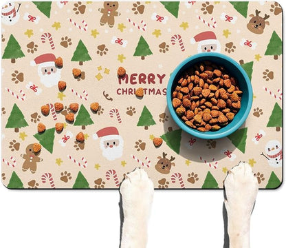 Christmas Dog Food & Water Mat, Paw Prints Santa Claus Snowman Xmas Pet Feeding - Image 7