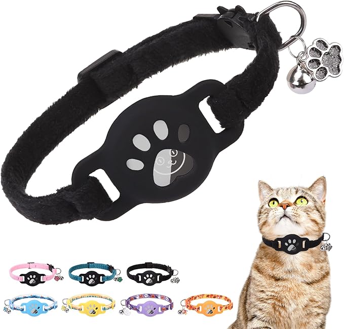 AirTag Cat Collar with Bells, Soft Velvet Cat Collar Breakaway with Airtag by DILLYBUD