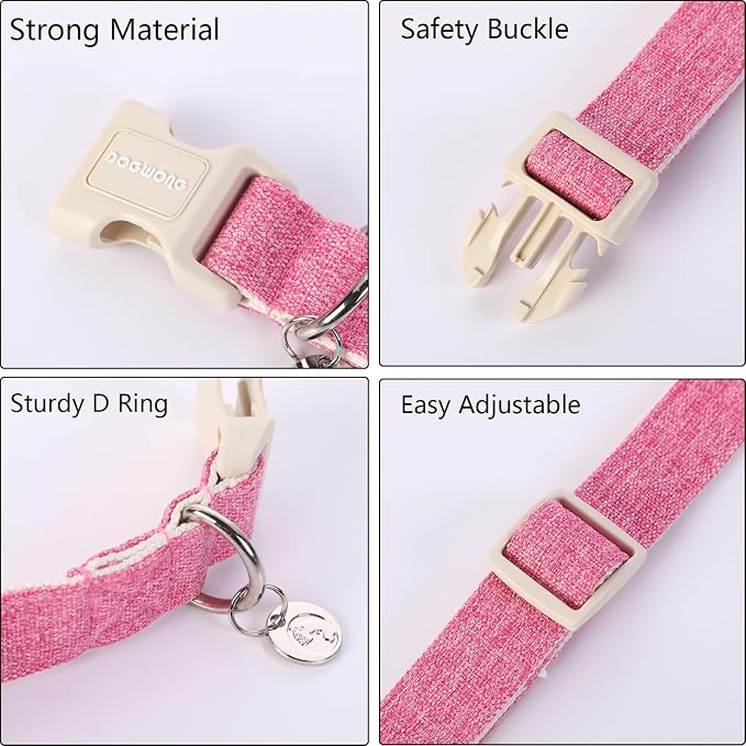 DOGWONG Cotton Hemp Dog Collar, Heavy-Duty Pink Dog Collar Adjustable Soft - Image 2