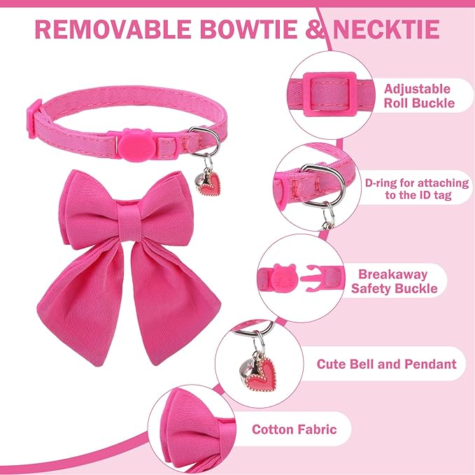 Cat Collar Breakaway with Bells, Soft Pure Cotton Pink Cat Bowtie Collar - Image 6
