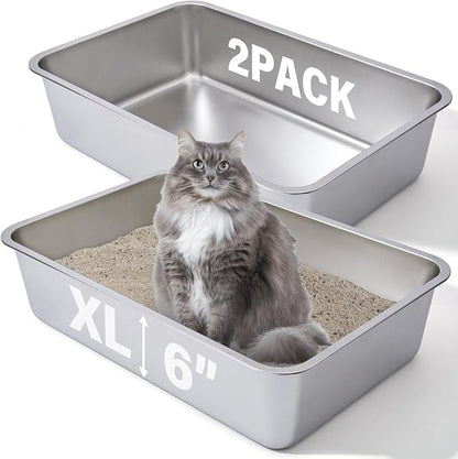 Stainless Steel Litter Box 2 Pack, 23.6“x15.7"x6" Deep Stainless Steel Cat by Futam