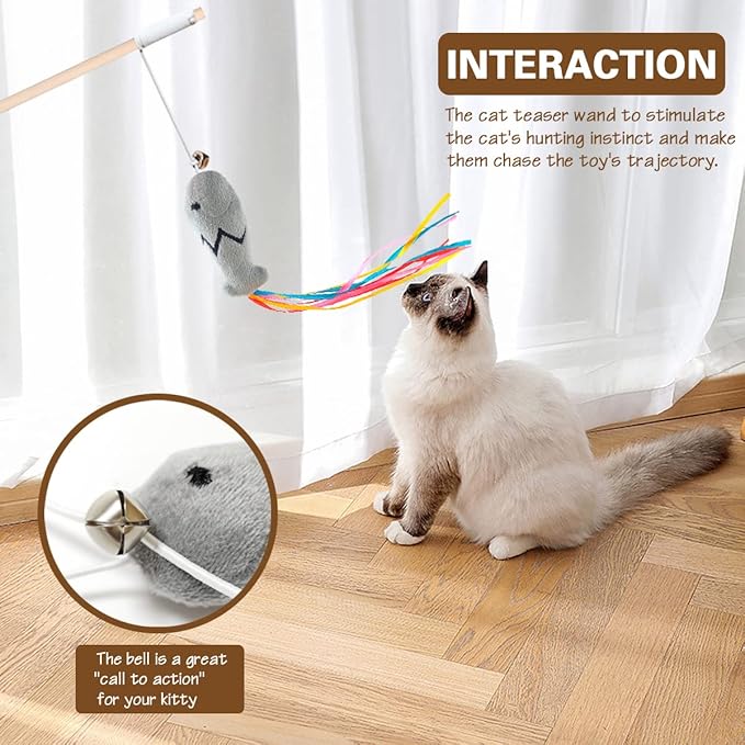 Natural Wood Cat Wand Toy with Ribbon Fish Teaser - Image 6