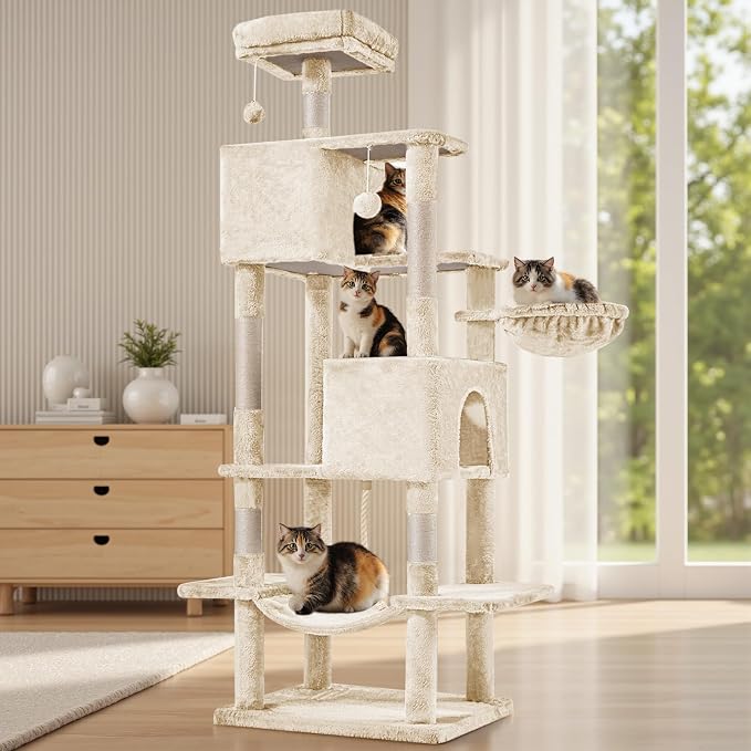 Large Cat Tree 66 Inch, Sisal Scratching Posts and Hammock, Pet Play House by Aidoly