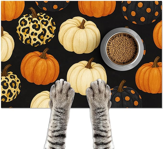 Fall Pumpkin Pet Feeding Mat Thankgiving Theme Dog and Cat Food Mat Non Slip by HOMETITUTE